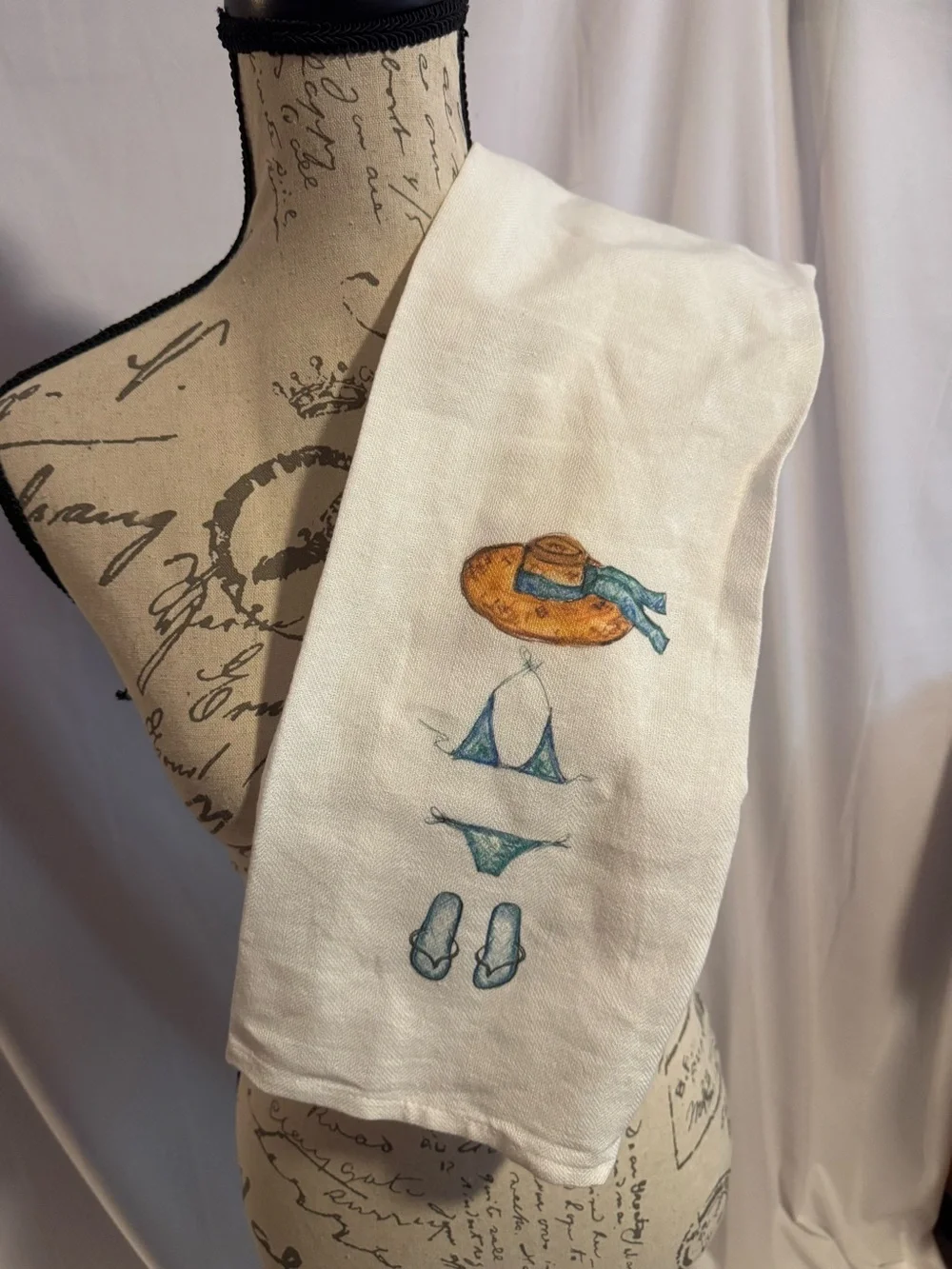 Linen Kitchen  Towel white  with Summer Bikini & Hat Illustration